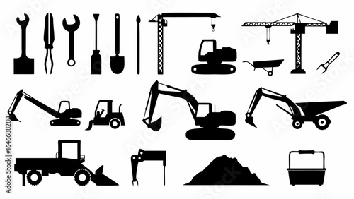 Silhouette illustration showcasing various construction equipment and hand tools in black color