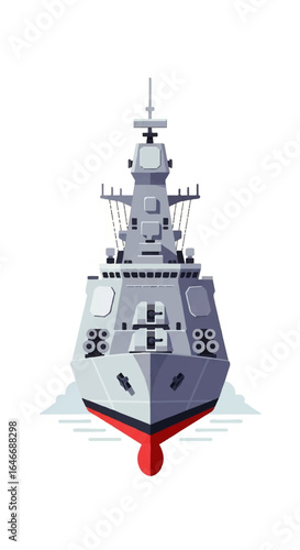 Front view illustration of a modern naval warship with its imposing structure and advanced weaponry displayed