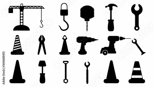 Illustration of construction tools and equipment including crane and safety cones in black and white style silhouette