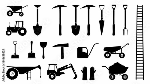 Illustration of various gardening and construction tools and vehicles in black silhouette style design