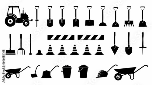 Illustration of construction equipment including tractor shovels wheelbarrows and traffic cones in black silhouette