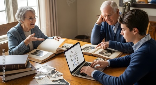 Multi-generational family exploring shared memories and digital ancestry, Family History, Genealogy, Photo Albums, Intergenerational, Home