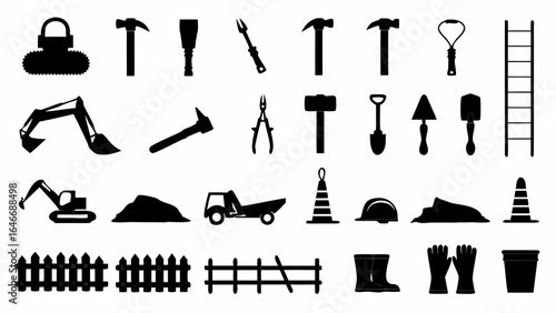 Illustration showcasing construction and gardening equipment in silhouette against a white background