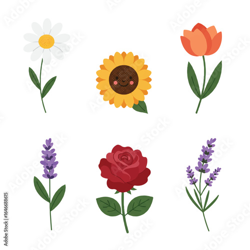 A delightful group of flat style spring flowers including bright daisies, cheerful tulips, tall sunflowers, beautiful roses, and fragrant lavender isolated on a clean white background.