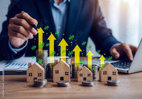 Real estate investment growth with rising arrows, coins, and house models