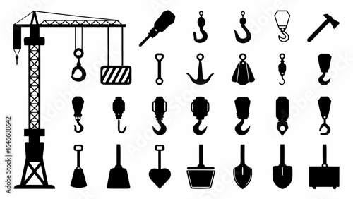 Illustration of a construction crane with various hooks and shovel designs in black silhouette style
