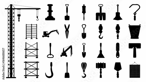 Illustration of construction equipment including a crane excavator scaffolding and various hand tools silhouette
