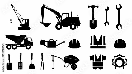 Illustration showing construction and gardening tools, including vehicles and safety equipment isolated on white silhouette