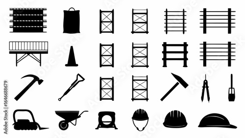 Illustration of construction equipment and tools including scaffolding, safety gear, and hand tools shown in black silhouette
