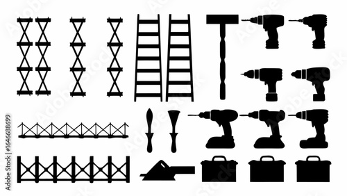 A collection of construction tools including ladders drills toolboxes and scaffolding in black silhouette