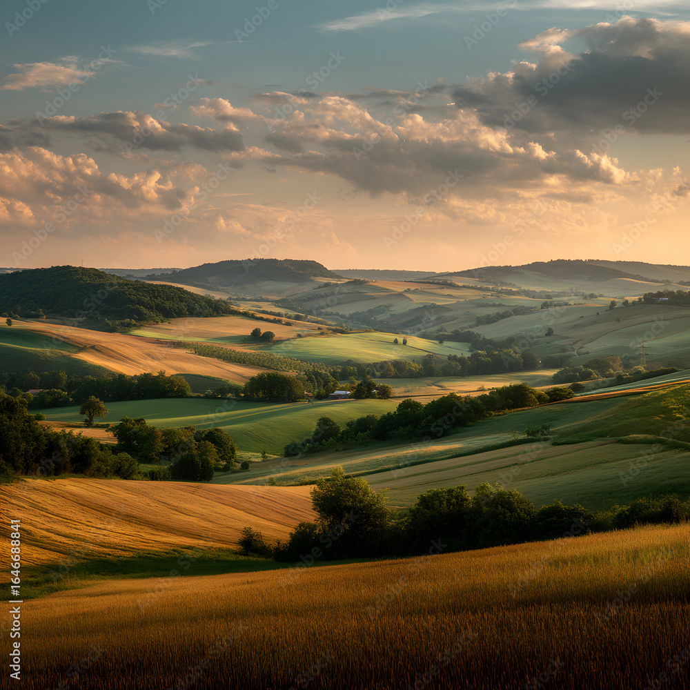 Fototapeta premium Scenic Panoramic View of Rolling Hills and Farmland Under a Beautiful Sky with Soft Light During Sunset