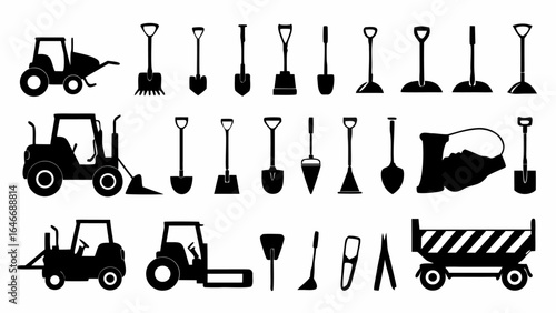 Illustration showcasing an array of construction and gardening tools in silhouette against a white backdrop