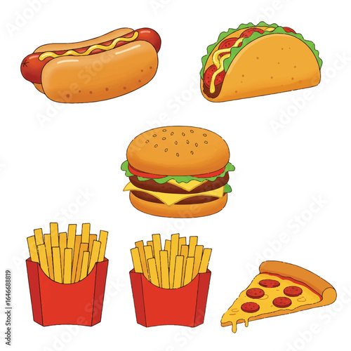 Delicious flat vector street food items, including a classic hotdog, savory taco, juicy burger, golden fries, and a slice of pizza, are appetizingly arranged against a clean white background.