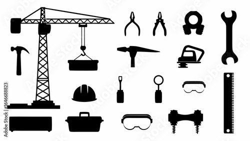 Illustration showing silhouette of crane, hammer, pliers, wrench, and other construction tools