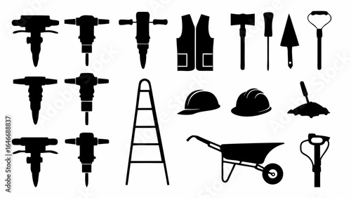 Illustration of construction tools including jackhammers ladder helmets and wheelbarrow in black silhouette
