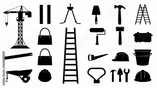 Illustration showcasing various construction tools and equipment including crane ladder and safety gear items galore silhouette