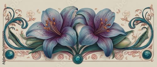Elegante blaue und lila Lilien mit kunstvollen Verzierungen in einem Jugendstil-Design.