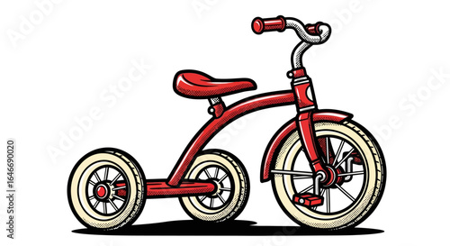 A red tricycle with white tires, seat, and handles, isolated on a white background.