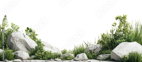 Wallpaper Mural Natural foreground composed of weathered rocks, fresh green grass, and small plants isolated on a white background. Torontodigital.ca