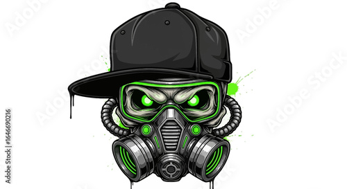 A stylized skull wearing a baseball cap and gas mask, vibrant green accents.