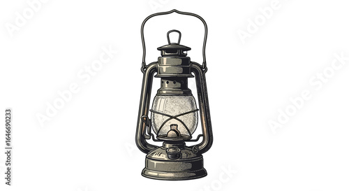 Vintage, detailed illustration of a kerosene lamp against a plain background.