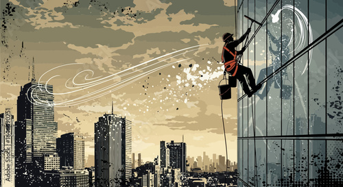 Urban high-rise cleaning: Window washer at work with a metropolitan backdrop