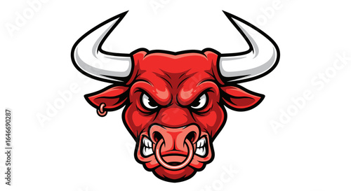 A cartoon depiction of an angry red bull's head with large horns and a ring in its nose, isolated on a white background.