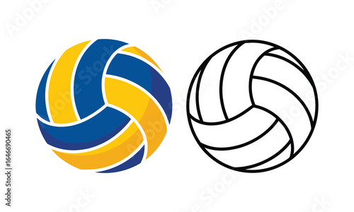 Set of volleyball ball icons in flat colorful and black outline styles. Sports equipment vector illustration for team game or competition design