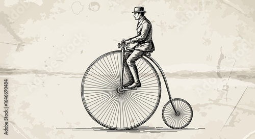 Vintage illustration of a man riding a large-wheeled bicycle, reminiscent of the late 1800s.