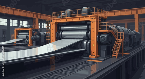An Illustration of a Rolling Mill Industrial Machine Inside a Factory Hall