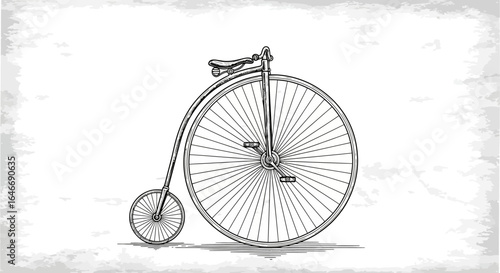 Vintage penny-farthing bicycle illustration, featuring a large front wheel and smaller rear wheel, presented in a detailed sketch style.