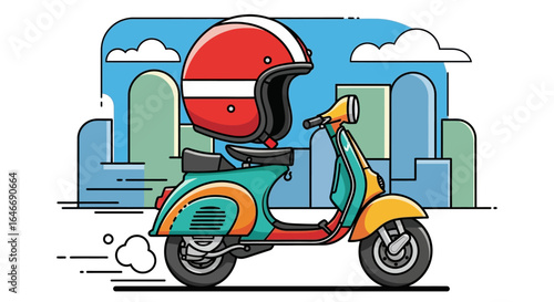 A vibrant illustration of a scooter with a helmet, ready for delivery service.