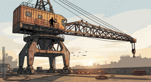 Atmospheric illustration of an old harbor crane with setting sun backdrop