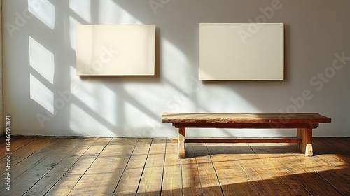 Two blank canvases hang above a wooden bench in a sunlit room.