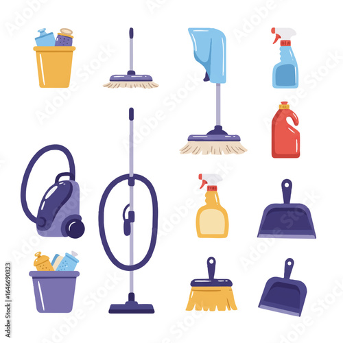 Flat 2D vector set of household cleaning supplies, including vacuum cleaner, mop, broom, spray bottle, and dustpan, isolated on a clean white background.