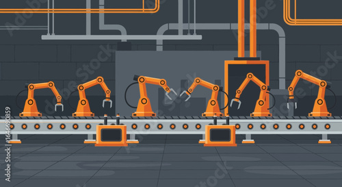 Automated assembly line with robotic arms in a factory setting