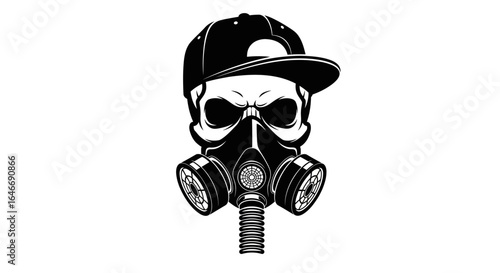 Skull wearing a baseball cap and gas mask, presented in a black and white vector illustration.