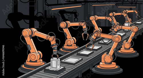 Automated industrial production process with robotic arms assembly line