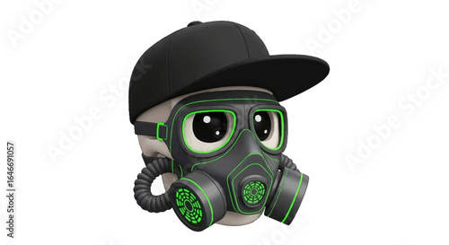Cartoon head wearing a gas mask and baseball cap, showcasing a blend of youthful style and environmental concern.