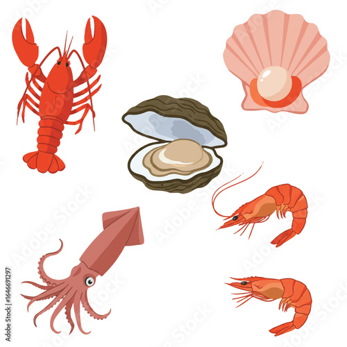 A delightful set of flat 2D vector seafood delicacies, showcasing lobster, oyster, scallop, squid, and shrimp, perfectly arranged against a clean white background.