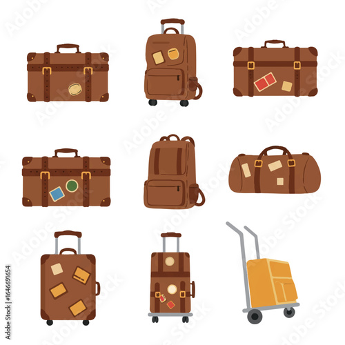 Vintage travel luggage collection in flat 2D, featuring classic suitcases, a backpack, duffel bag, trolley, and a sturdy trunk, isolated on a clean white background.