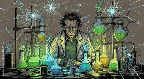 Chaotic laboratory explosion depicting an unhinged scientist at his desk
