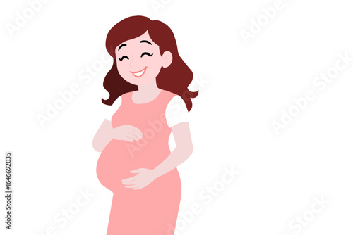 Happy Pregnant Woman Holding Belly And Smiling On The White Background.