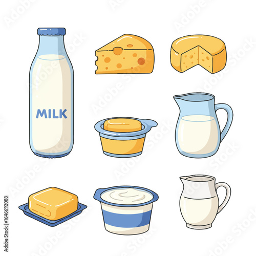 Flat 2D vector set of dairy products: milk bottle, cheese wheel, butter, yogurt, and cream jug, rendered with clean lines, isolated on a white background, ideal for food and nutrition.