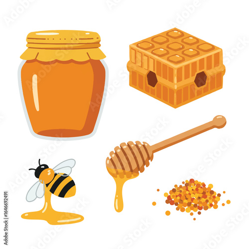 A beautiful flat vector set showcases various natural honey products like a golden jar, intricate honeycomb, a busy bee, wooden dipper, and granular pollen, all arranged cleanly on a white background.