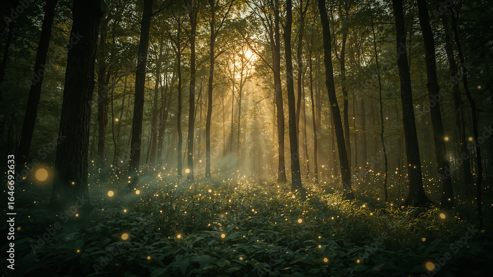 Fototapeta premium Magical Forest with Fireflies at Sunset
