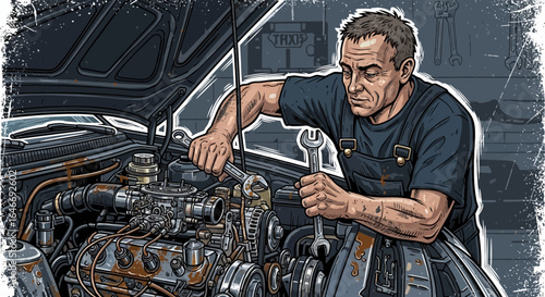 Dedicated Mechanic fixing automobile engine cartoon style illustration