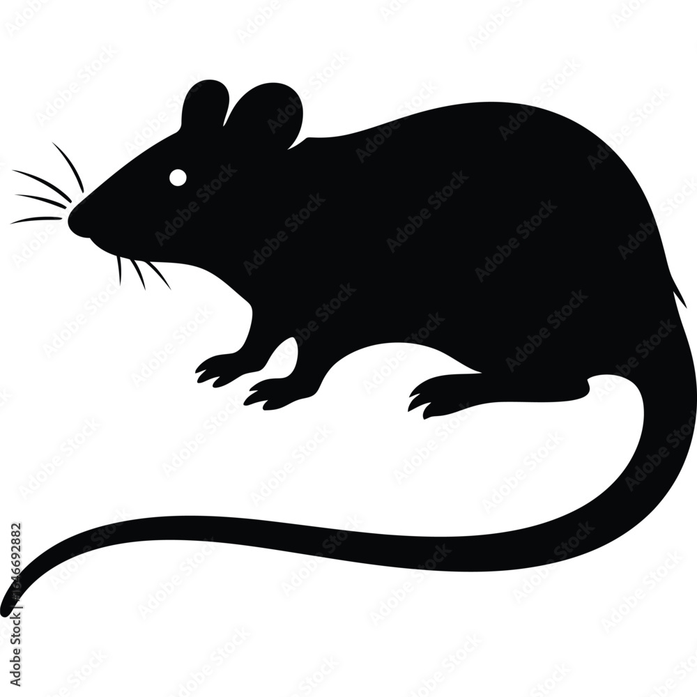 Obraz premium A simple black silhouette of a mouse with a long tail on a white background in a vector illustration