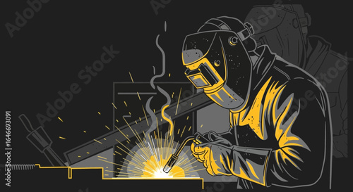 Detailed illustration of a welder at work, creating bright sparks