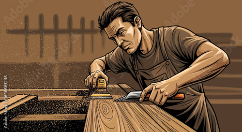Detailed illustration of craftsman shaping wood with plane and sander tools